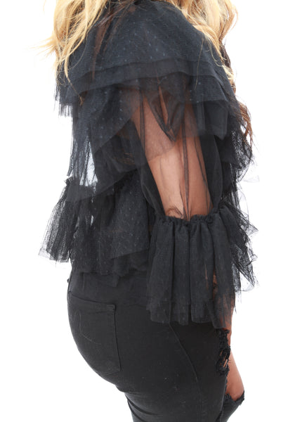 BLACK TIE SHEER RUFFLE TOP - Royale Girl Boutique