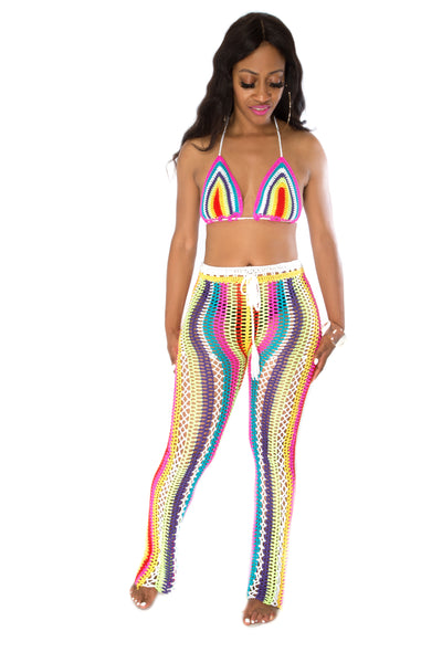 FLIRTY GIRL MULT COLORED CROCHET COVER UP PANTS SET - Royale Girl Boutique